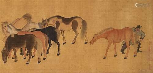 One Hundred Horses. Horizontal scroll. Ink and colour on silk. Inscribed Zi