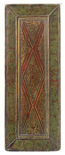 A Tibetan painted and gilt wood manuscript cover. Possibly 13th/14th century