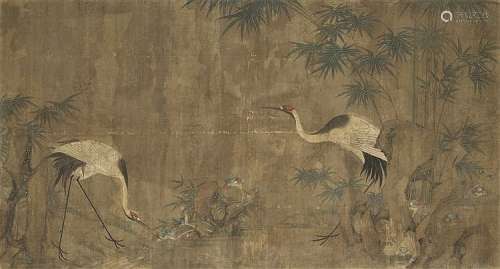 Cranes, bamboo and lingzhi fungus by rocks. Section from an horizontal scr