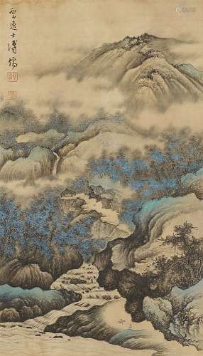 A blue-green landscape. Hanging scroll. Ink and colour on silk. Inscription