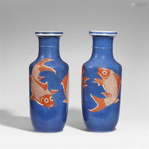 A pair of iron-red decorated powder blue carp rouleau vases. Qing dynasty (1644-1911)