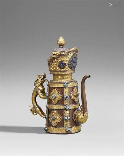 A Tibetan partially gilt copper ewer and cover (duomuhu). 19th century