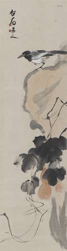 Crow and pumpkin. Hanging scroll. Ink and colour on paper. Signed Baishi la
