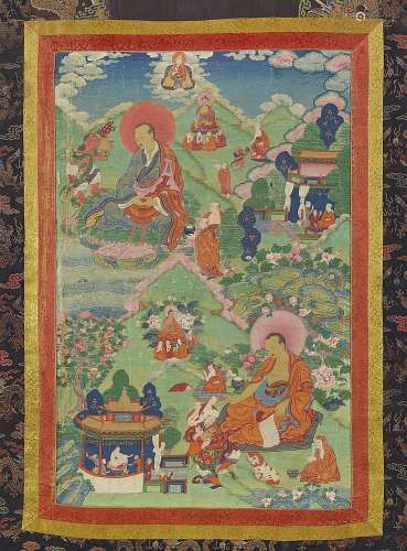 An Easter Tibetan thangka depicting two arhats. 18th century