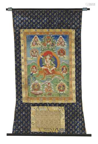 A finely painted Tibetan thangka of Tsongkapa in his form of Dombi Heruka. 19th century