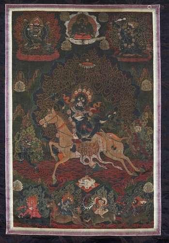 A Tibetan black ground thangka of Palden Lhamo. 19th century