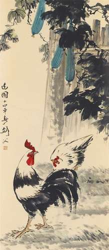 Rooster and hen below snake gourd. Hanging scroll. Ink and colour on paper.