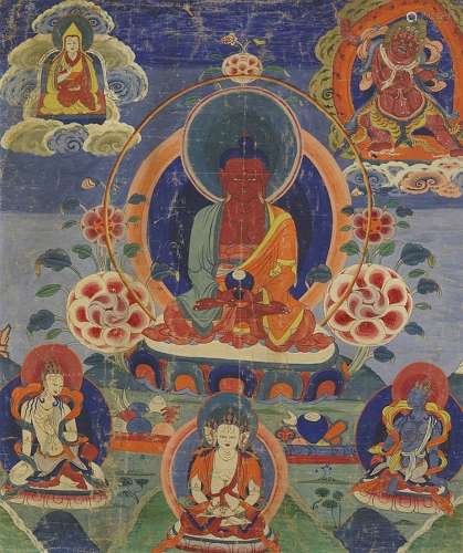 A Tibetan thangka of Buddha Amitabha. Around 1900