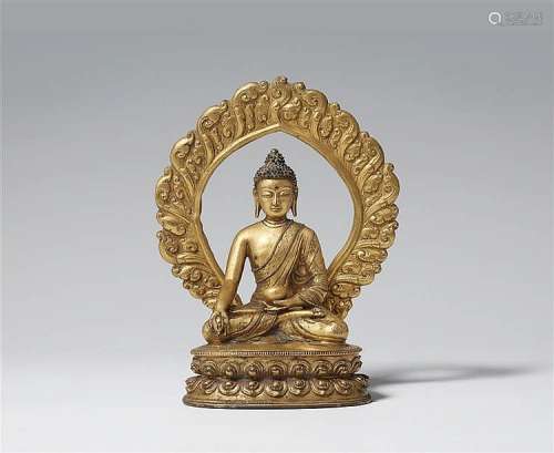 A Tibetan gilt bronze figure of Bhaisajyaguru. 17th/18th century