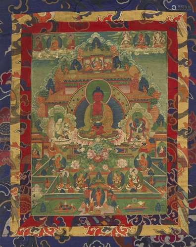 A Tibetan thangka of Amitabha in sukavati. Late 19th century