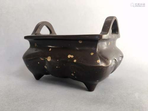 Chinese Rectangular Gold Splash Bronze Censer