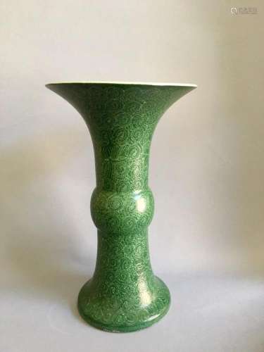 Chinese Green Gu Vase with Incised Decoration