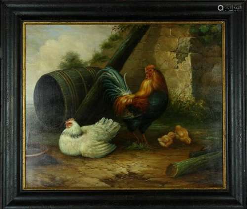 Oil Painting of Rooster, Hen and Chicks