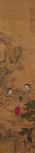 Two hanging scrolls. a) Three ladies playing weiqi. Ink and colour on silk.