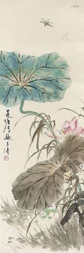 Dragonflies above lotus and a frog. Ink and colour on paper. Inscription, s