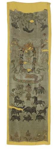 Two Tibetan silk temple hangings with offerings to Shadbhuja Mahakala. Early 20th century