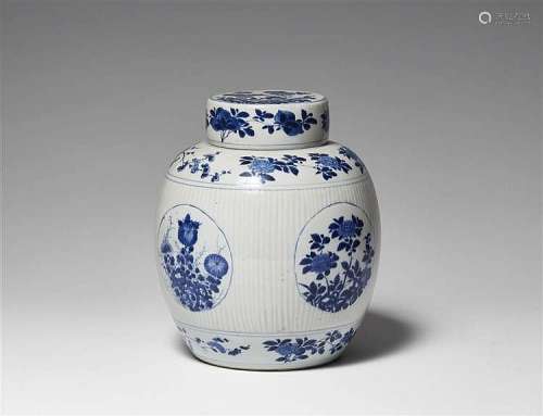 A blue and white moulded ginger jar. Kangxi perid (1662-1722)