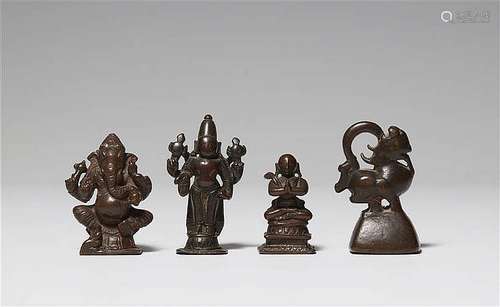 Three South Indian copper alloy figures. 16th /19th century and a Burmese bronze opium weight