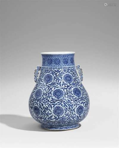 A large blue and white lotus scroll hu vase. 19th century