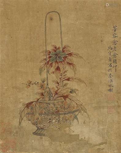 Flower basket. Album leaf. Ink and light colours on paper. Inscription, sig
