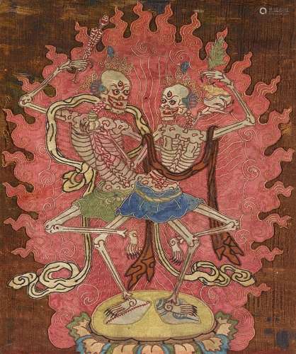 A Tibetan appliqué of a dancing skeleton couple (citipati). 19th/20th century