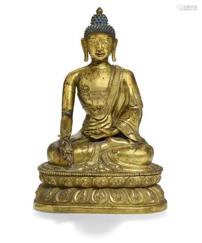 A Chinese gilt copper repoussé figure of a Amitayus. Qianlong 1736-1795. H. 36 cm.