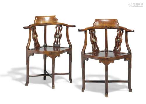 A pair of Chinese hardwood and 'Dream stone' inlaid corner chairs. C. 1900. (2)