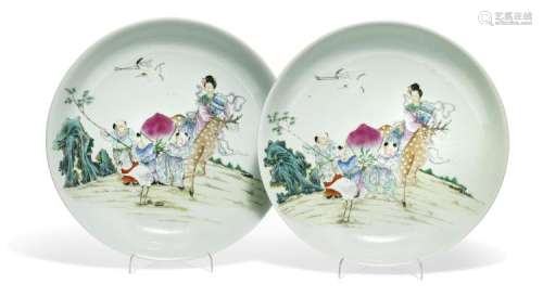 Two Chinese porcelain dishes decorated in colours with Longevity. Marked Qianlong, but Republic 1912-1949. Diam. 37 cm. (2)