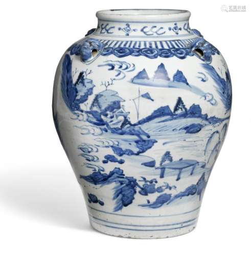 A large Chinese baluster blue and white porcelain wine jar. Wanli 1573-1620. H. 40 cm.