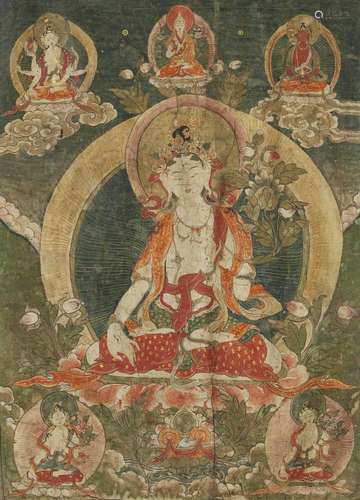 A thangka of longlife deities. Framed. 18th-19th century. Image 63 x 46 cm.