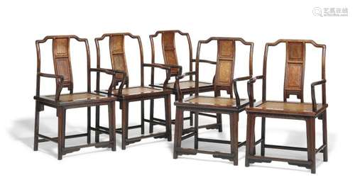 A set of five Chinese Blackwood hongmu armchairs with woven cane seats. Qing, late 19th century. (5)