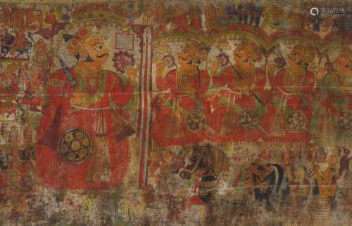 A Phad painting depicting the Story of Pabuji. Rajasthan, 19th-20th century. Pigment on cloth mounted on panel. C. 468 x 121 cm.