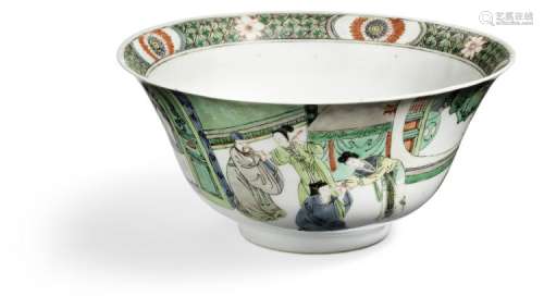 A Chinese famille verte porcelain bowl decorated in colours with court scene. Kangxi 1622-1723. Diam. 20.5 cm.