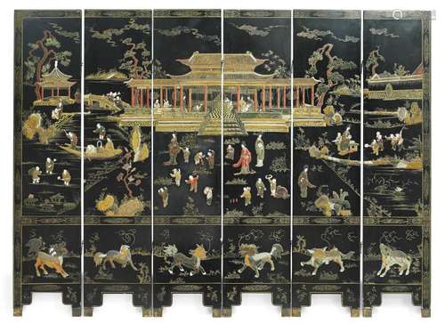 A Chinese six panel lacquer screen. Republic 1912-49. Each panel 183 x 40.5 cm.