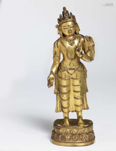 A Sino-Tibetan gilt bronze figure of Avalokiteshvara. 16th-17th century. H. 26 cm.