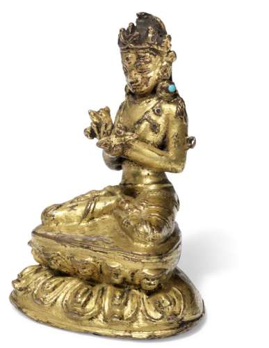 A Tibetan/Nepali gilt bronze figure of Vajrasattva. Tibet/Nepal, 17th-18th century. Weight 133 gr. H. 7 cm.