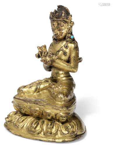A Tibetan/Nepali gilt bronze figure of Vajrasattva. Tibet/Nepal, 17th-18th century. Weight 133 gr. H. 7 cm.