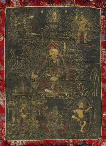 A blackground thangka of Padmasambhava. Verso with three fingerprints in red. 18th/19th century. Image 18 x 20 cm.