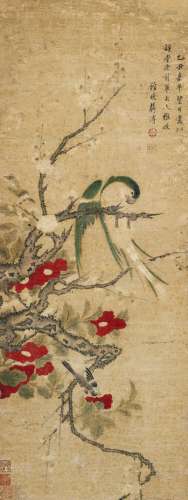 Jiang Pu 1708-1761, attributed: Composition with parrot and blooming branches. Watercolour and ink on paper mounted on silk. 95 x 36 cm.