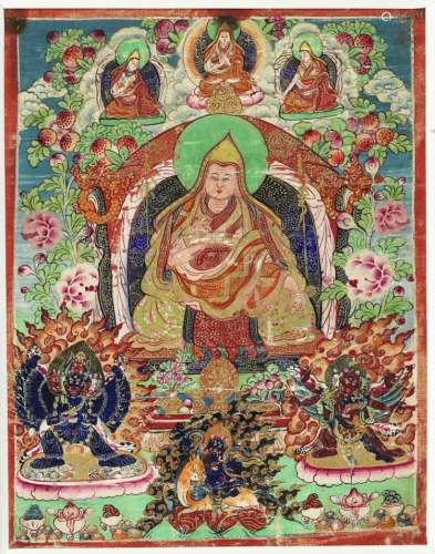 A Tibetan thangka with a Gelugpa master seated on a throne with an altar in front. 19th century. Image 18.5 x 14 cm.