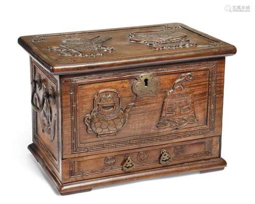 A Chinese hongmu box. Qing, c. 1900. H. 24 cm. W. 35 cm. D. 23 cm.