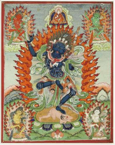 A Tibetan thangka with the five dakinis. Framed. 19th century. Image 21.5 x 16.5 cm.