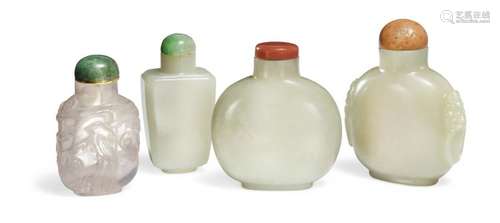 Four Chinese snuff bottles of jade and rock crystal respectively. Late Qing- Republic. H. 5.5-6.5 cm. (4)