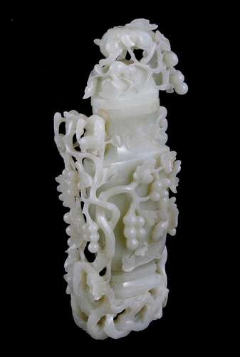 Large Chinese white jade Grape and Shrew vase and cover