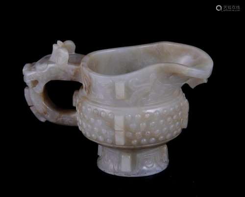 Chinese grayish-white jade archaistic Yi pouring vessel (2pcs)