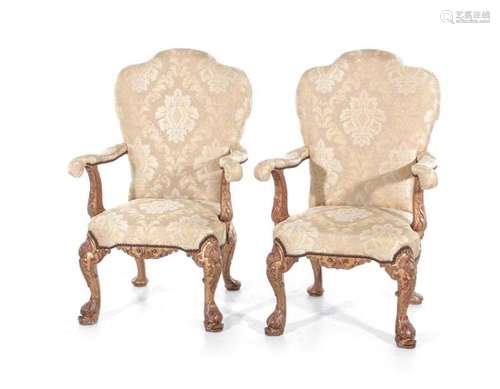 Pair George III giltwood armchairs, stamped: Morant & Co (2pcs)