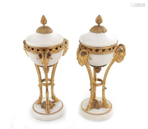 Pair French gilt-bronze and white marble covered urns (2pcs)