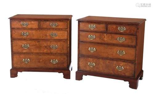 Pair Georgian style burl and satinwood chests of drawers (2pcs)