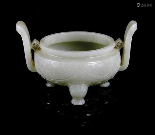 Chinese celadon jade archaistic tripod censer (2pcs)