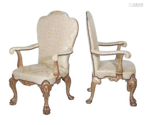 Pair George III giltwood armchairs, stamped: Morant & Co (2pcs)